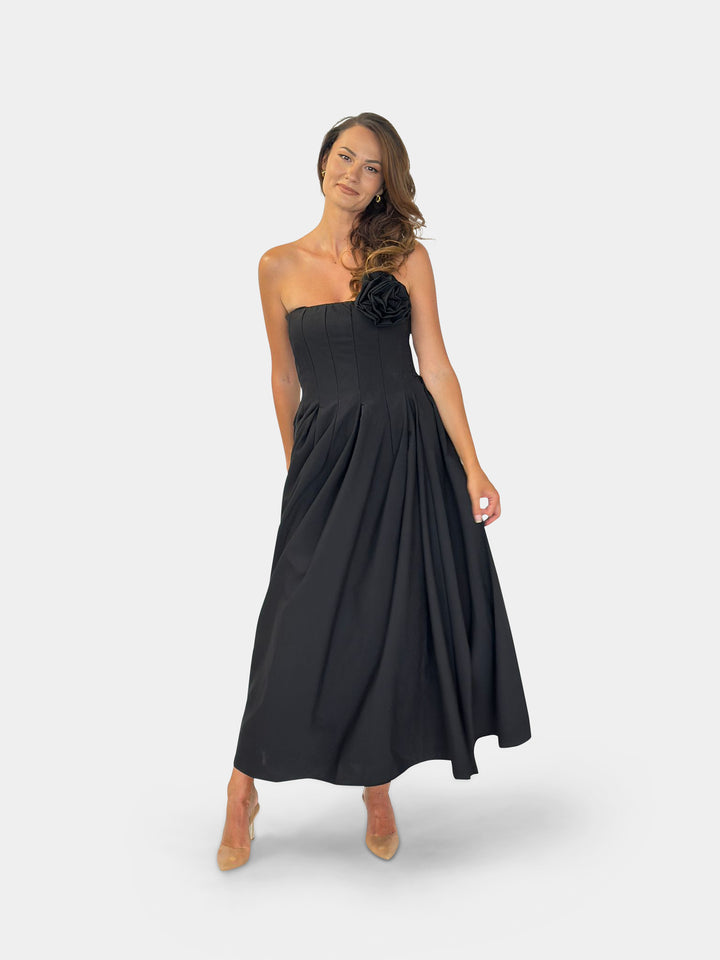 Flowing Long Dress with Rose Brooch