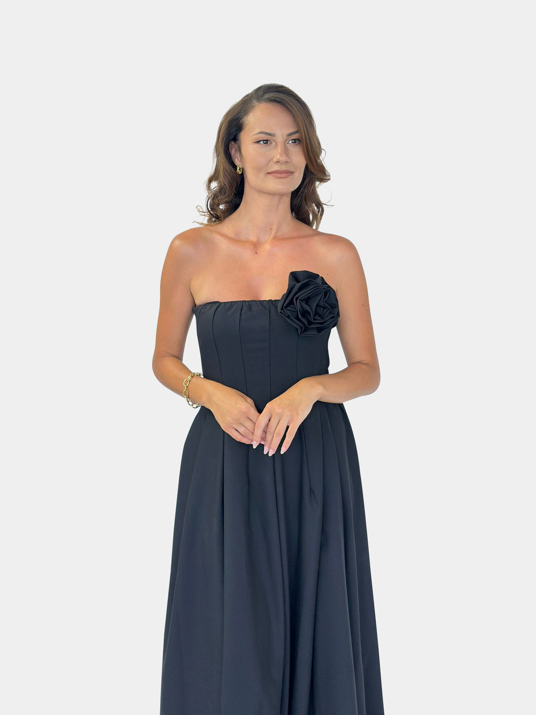 Flowing Long Dress with Rose Brooch