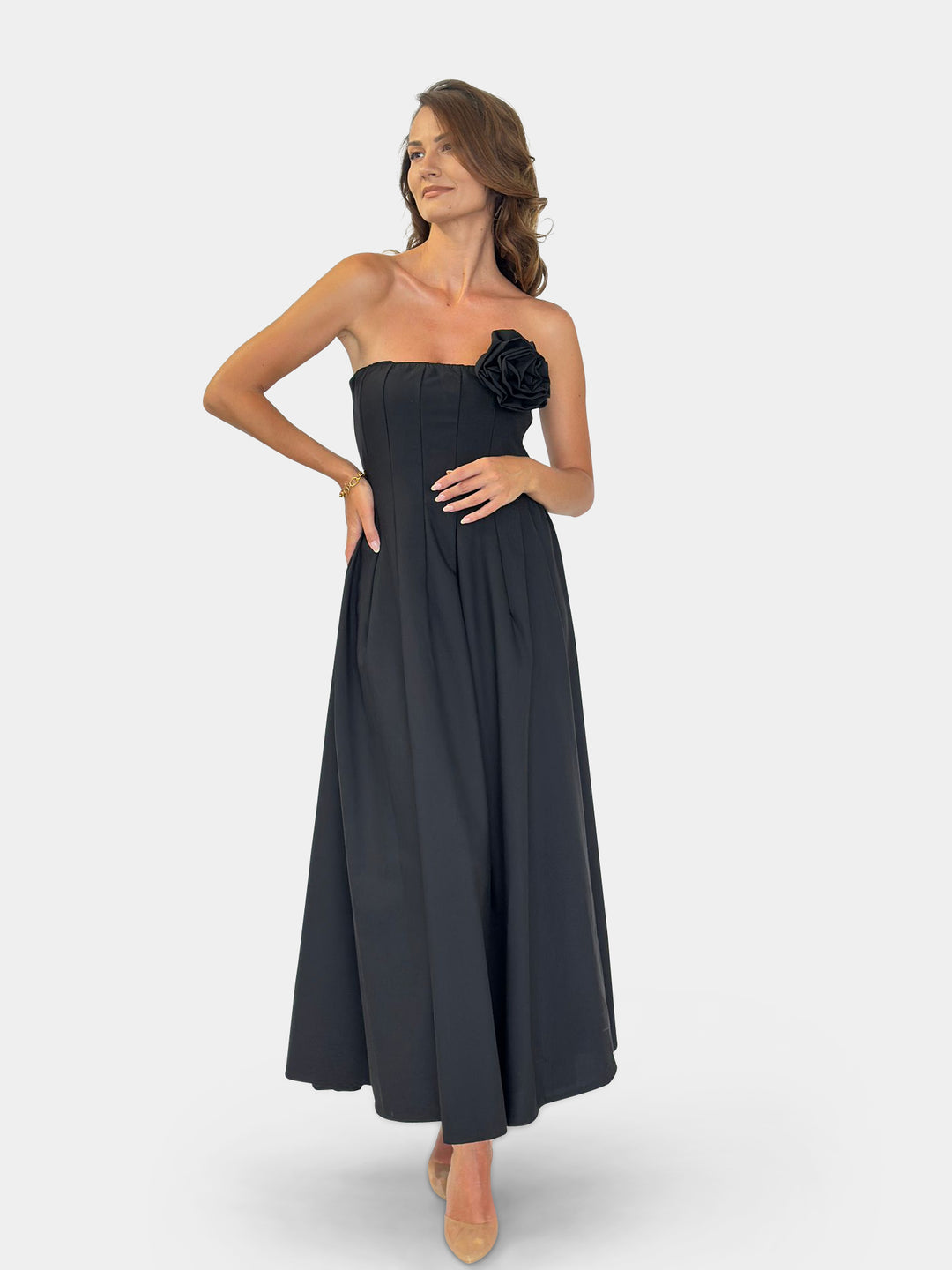Flowing Long Dress with Rose Brooch
