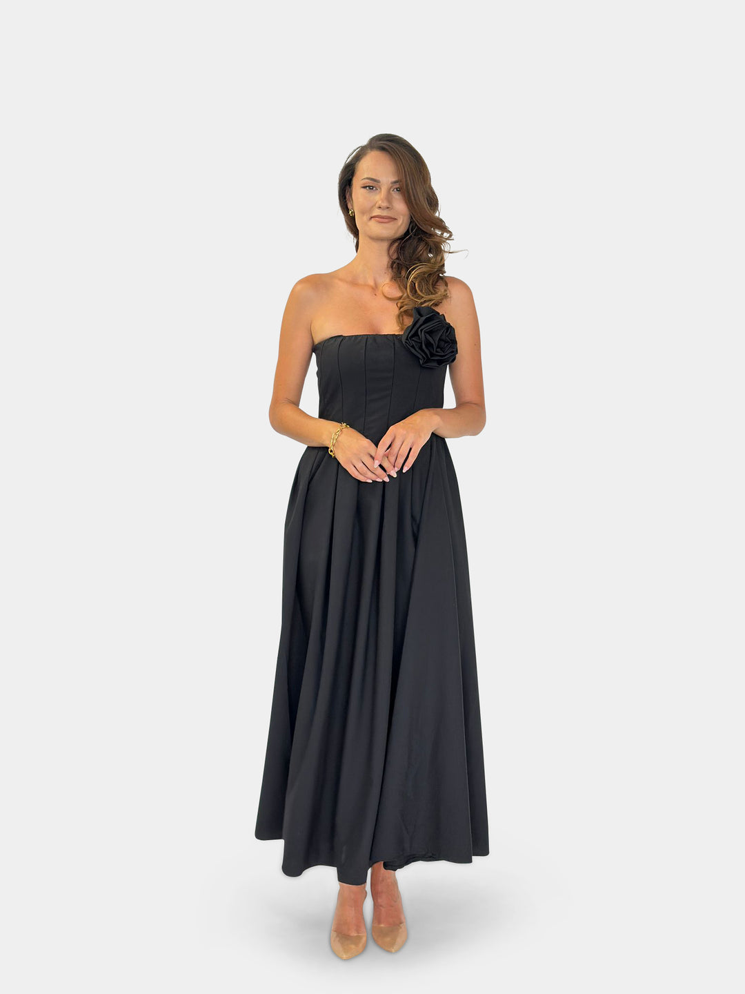 Flowing Long Dress with Rose Brooch