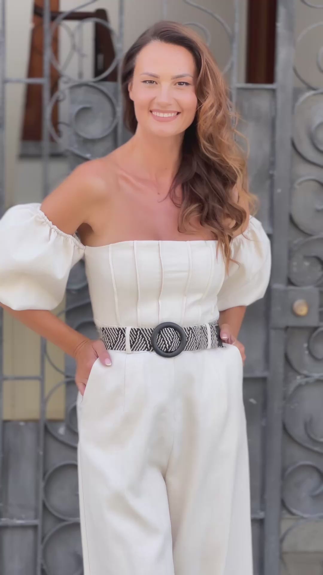 Linen Corset Jumpsuit with Detachable Puffy Sleeves